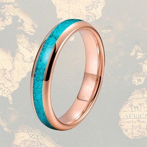 Thin 14K Rose Gold Turquoise Ring Mens Wedding Band Tungsten Ring, 4mm Rose Gold Wedding Bands Womens Ring Turquoise Inlay Rose Gold Ring