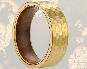 14K Gold Ring Mens Wedding Band Tungsten Ring, Koa Wood Ring Wood Wedding Band Mens Ring, Yellow Gold Wedding Band Hammered Ring Viking Ring