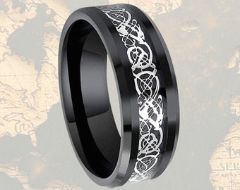 Anillo de bodas vikingo negro de 8 mm Anillo de tungsteno para hombres, Anillo celta Para hombres Anillo de plata con banda de bodas, Anillo de boda de tungsteno Anillo vikingo negro