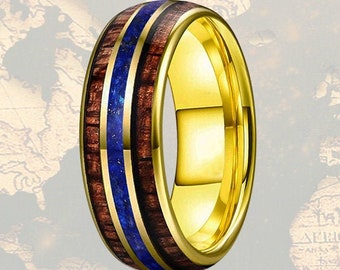 Lapis Lazuli Ring Mens Wedding Band Tungsten Ring - Lapis Ring Yellow Gold Wedding Band Wood Ring Mens Ring Wood Wedding Band 14K Gold Ring