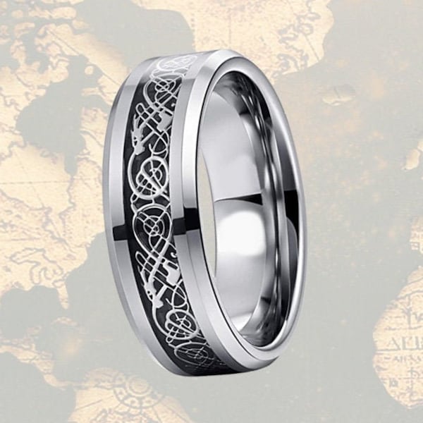 Viking Wedding Ring 8mm Mens Ring Carbon Fiber Ring, Celtic Ring Mens Wedding Band Silver Ring Tungsten Ring Gothic Wedding Ring Dragon Ring