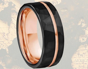 Rose Gold Ring Mens Wedding Band Hammered Ring / Viking Wedding Ring Rose Gold & Black Ring / Tungsten Ring Rose Gold Wedding Band Mens Ring