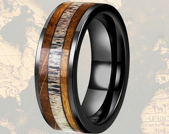Deer Antler Ring Mens Wedding Band Tungsten Ring, 8mm Whiskey Barrel Ring Wood Wedding Band Mens Ring Black Antler Ring Bourbon Wood Inlay