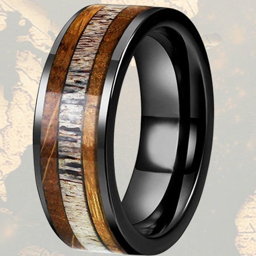 Wood and Antler Wedding Ring Mens Deer Antler Black Deer - Etsy