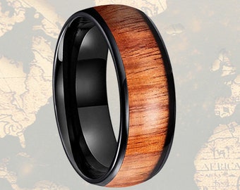 Black Ring Wood Wedding Band Mens Ring, 8mm Mens Wedding Band Tungsten Ring Domed Black Wedding Band Wooden Ring, Koa Wood Ring Promise Ring