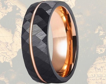 Black Hammered Wedding Band Mens Ring - 8mm Rose Gold Ring Mens Wedding Band Hammered Ring - Tungsten Ring Rose Gold Wedding Band Mens Ring