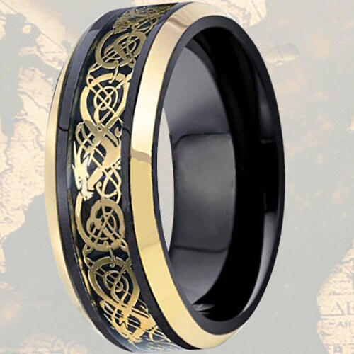 Viking Wedding Ring Gold Mens Wedding Band Black Cool Mens | Etsy