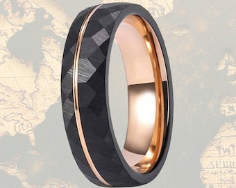6mm Tungsten Ring Rose Gold Wedding Bands Womens Ring - Black Hammered Wedding Band Mens Ring Rose Gold Ring Mens Wedding Band Hammered Ring