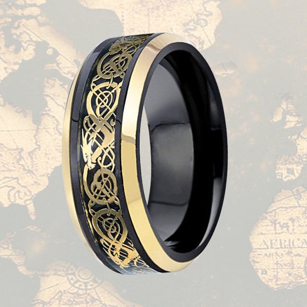 Black Viking Wedding Ring Mens Tungsten Ring, Dragon Ring Mens Wedding Band Celtic Ring Yellow Gold Ring, Tungsten Wedding Band Mens Ring
