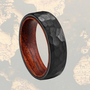 Hammered Hawaiian Koa Wood Ring Mens Wedding Band Tungsten Ring, Black Hammered Ring Tungsten Wedding Band Mens Ring, 8mm Mens Viking Ring