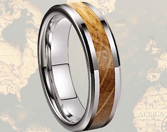 6mm Whiskey Barrel Ring Wood Wedding Band Tungsten Ring, Silver Mens Wedding Band Thin Wood Ring Mens Wedding Ring Beveled Edges Wooden Ring