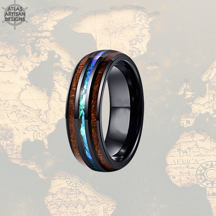 Unique Mens Wedding Band Opal Inlay Ring, Koa Wood Ring Tungsten Wedd…