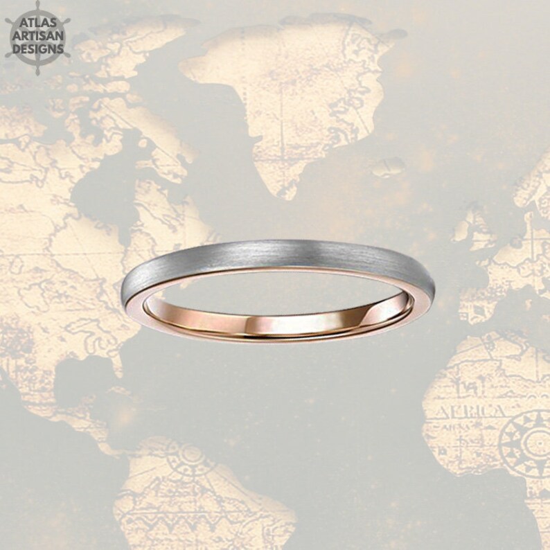 Silver & 18K Rose Gold Ring Womens Wedding Bands Tungsten Ring Minimalist Ring Rose Gold Wedding Band Womens Ring, Couples Rings Dainty Ring