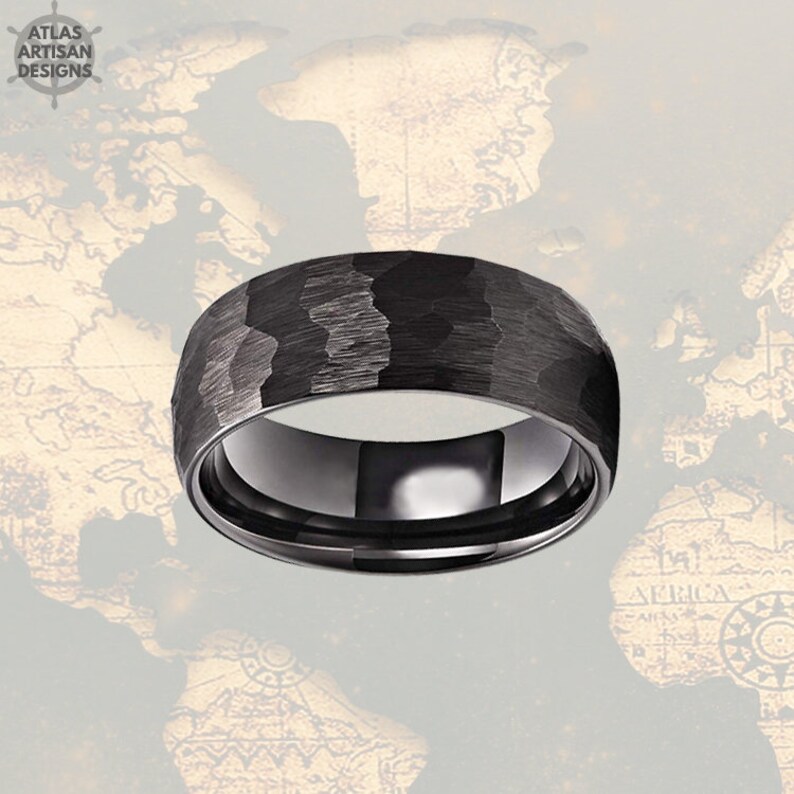 Black Hammered Ring Mens Wedding Band Tungsten Ring