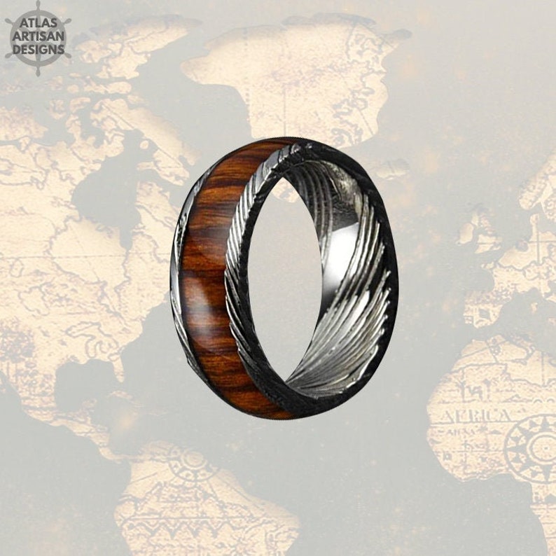 Hawaiian Koa Wood and Damascus Ring 8mm Damascus Steel Ring Etsy