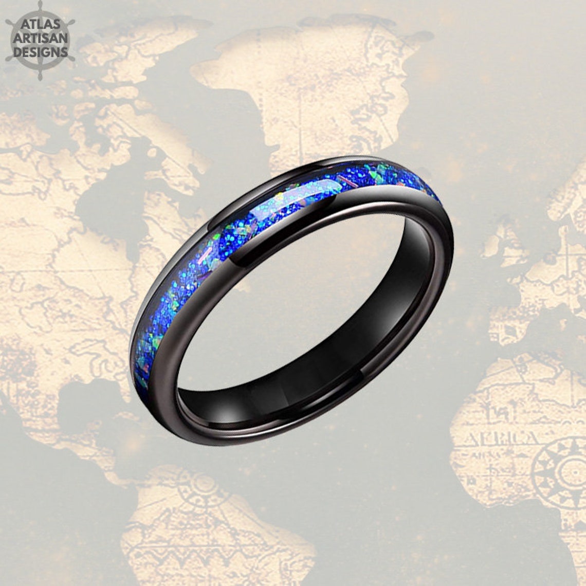 Black Opal Ring Mens Wedding Band Tungsten Ring 4mm Black