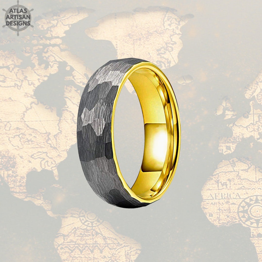 6mm Silver Hammered Ring 18K Yellow Gold Wedding Band Womens Ring ...