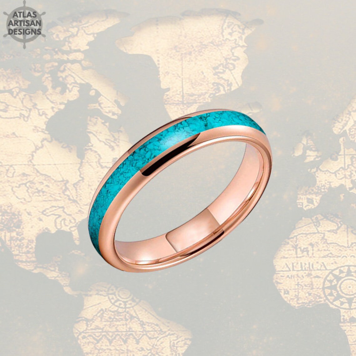 Thin 14K Rose Gold Turquoise Ring Mens Wedding Band