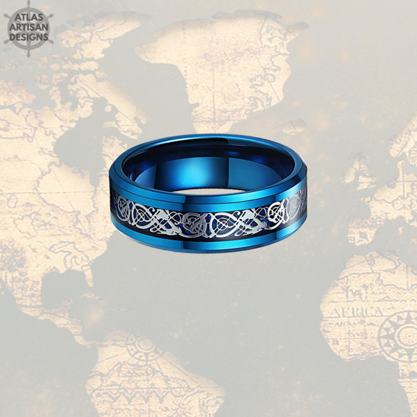 Viking Wedding Ring Mens Tungsten Ring 8mm Blue Dragon Ring Etsy