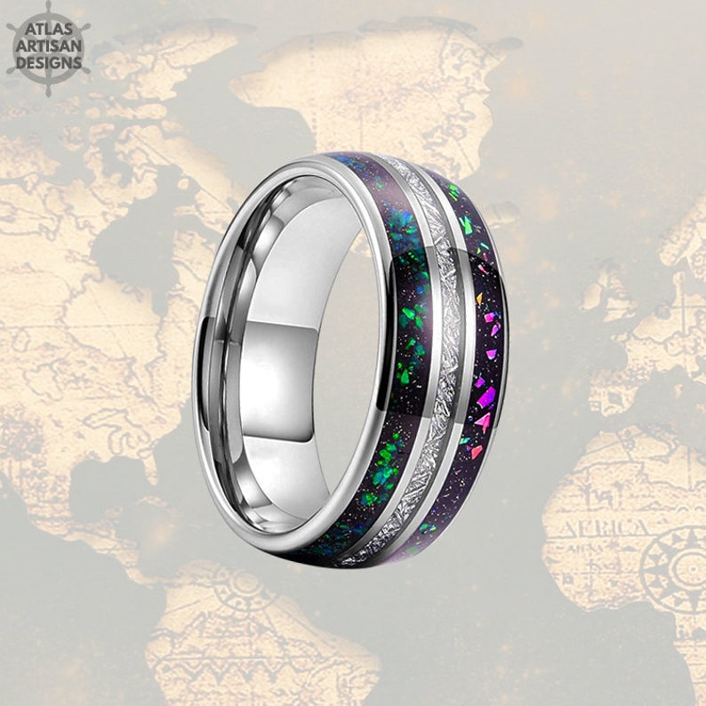 Meteorite Wedding Bands Women Unique Ring 8mm Green Opal Ring Tungsten Wedding Band Mens Ring Blue Opal /& Meteorite Ring Mens Wedding Band