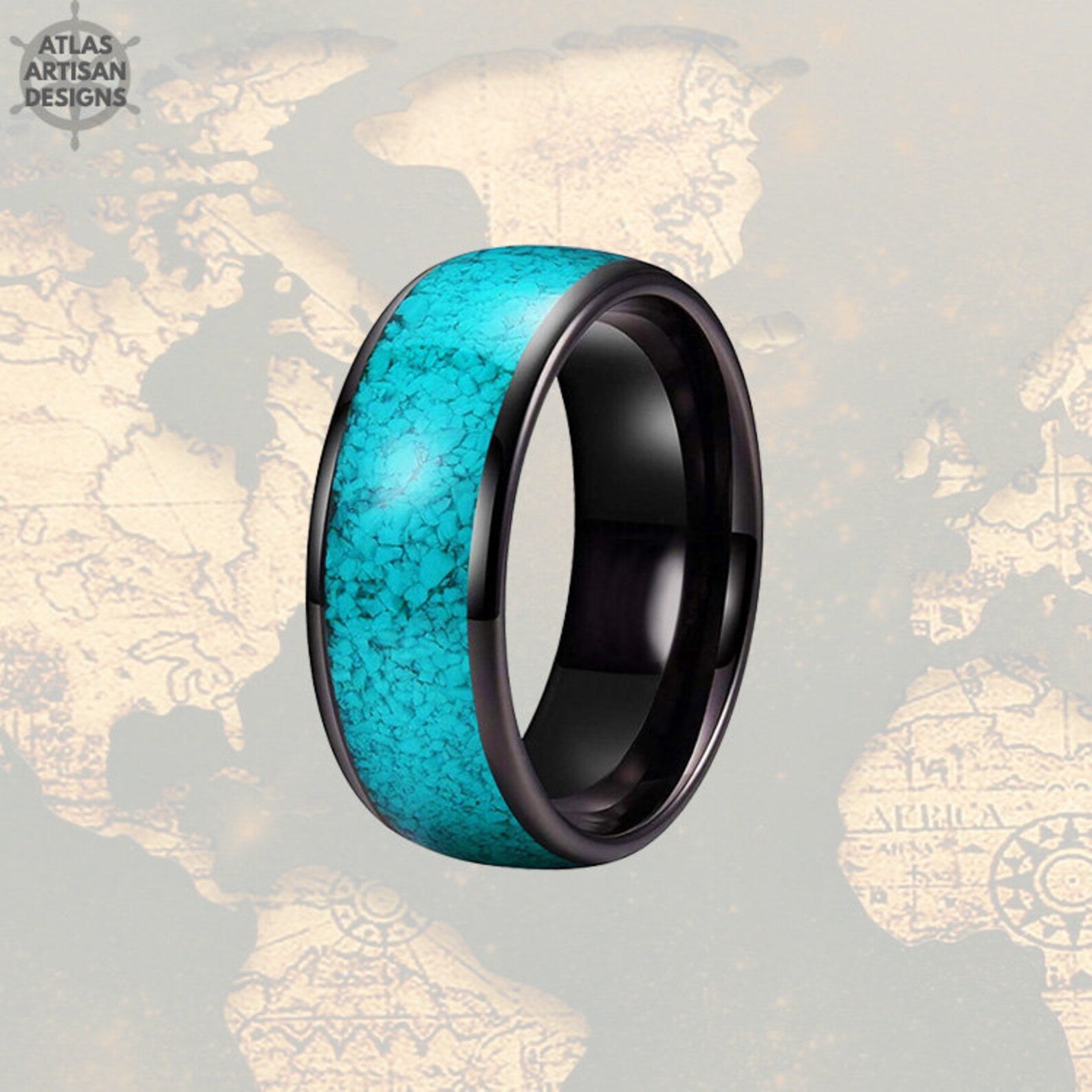 Turquoise Ring Mens Wedding Band Tungsten Ring Black Turquoise Etsy UK