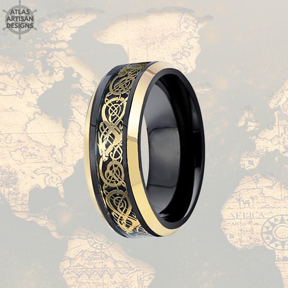 Black Viking Wedding Ring Mens Tungsten Ring Dragon Ring Mens