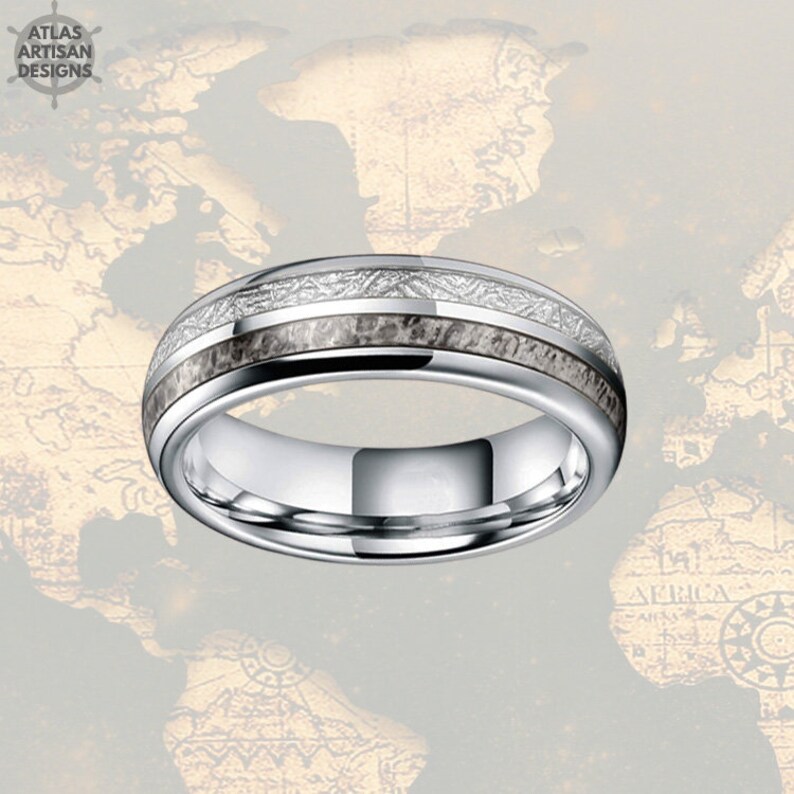 Deer Antler Ring Tungsten Wedding Bands Women Ring 6mm Meteorite Ring Womens Wedding Band Tungsten Ring Silver Ring Mens Wedding Band
