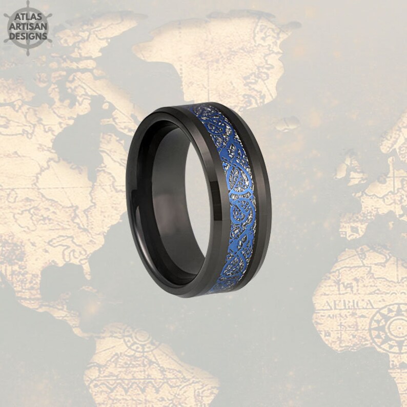 Blue Meteorite Ring with Celtic Inlay Viking Wedding Band Mens Ring Tungsten Viking Ring Black Dragon Ring Mens Wedding Band Celtic Ring