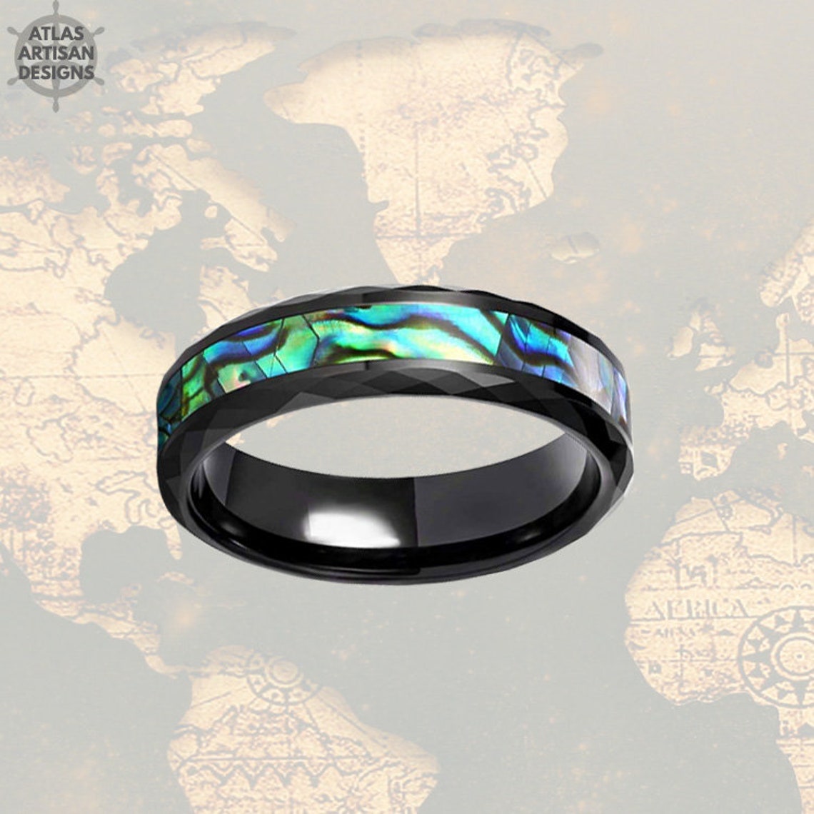 Abalone Ring Mens Wedding Band Hammered Ring 6mm Mens Ring Etsy