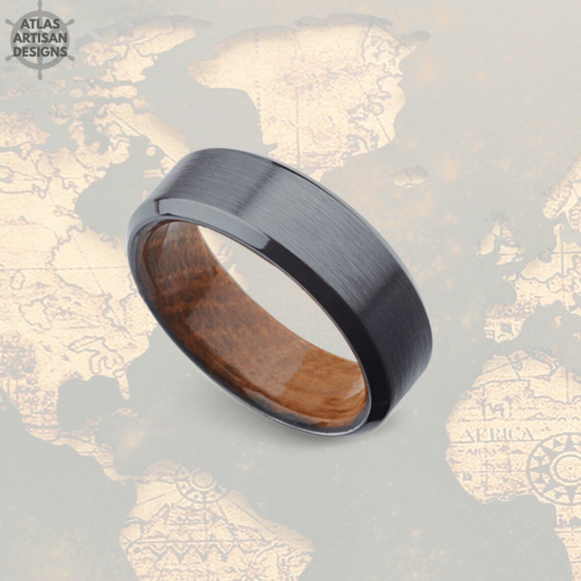 Gunmetal Wood Wedding Band Mens Ring Whiskey Barrel Ring