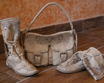 Handmade Leather Handbag&Boots, (Quetzalcoatl), Festival, Unisex Shoes