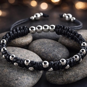 Silver Beaded Bracelet, Steel Cable Wax Cord Beaded Adjustable Bracelet, Steel Cable Bead Unisex Bracelet, Cord Bracelet, Bracelet Gift Idea