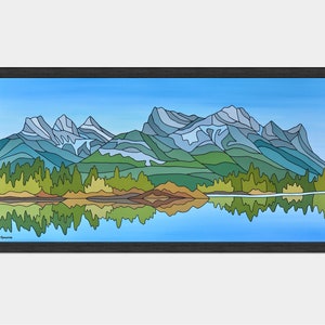 May include: A stylised illustration of a mountain range reflected in a lake. The mountains are blue and green, and the lake is blue. The sky is a light blue.
