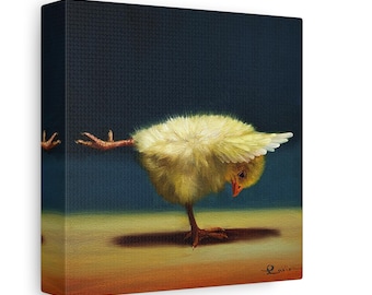 May include: A canvas print features a fluffy yellow chick in a curious pose, with one leg extended and its head down. The background transitions from a dark blue to a warm, golden hue.