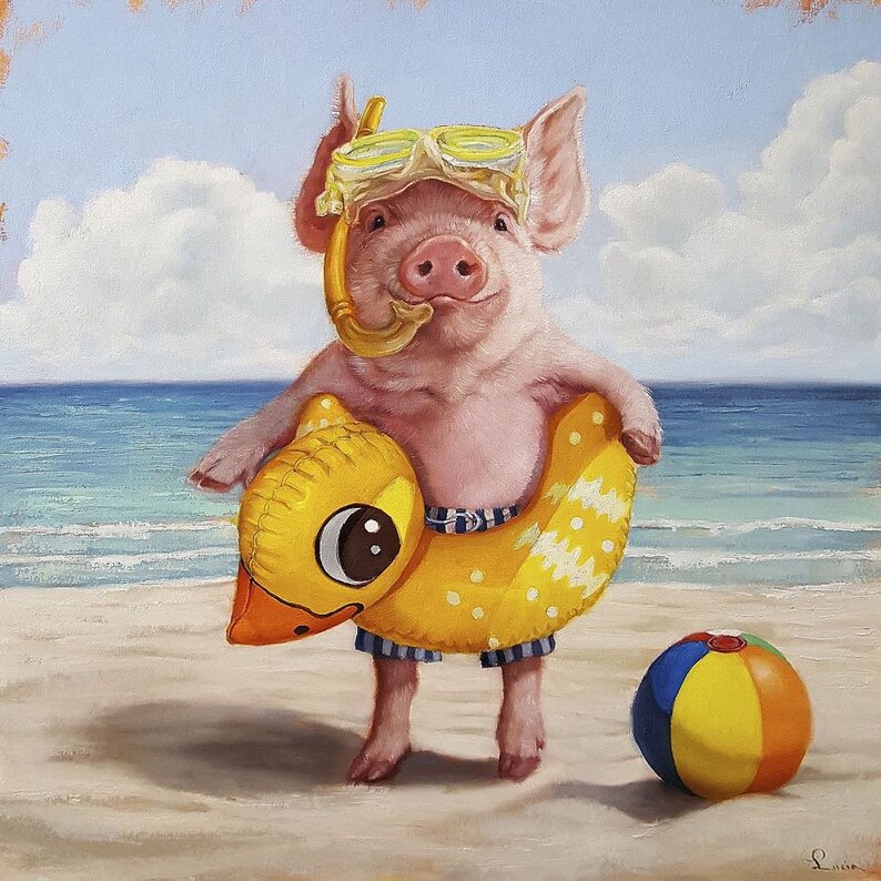 Pig poster beach poster sun and sand farm animal  Lucia image 0