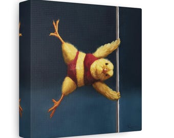May include: A canvas print featuring a whimsical illustration of a yellow chick wearing a red leotard and yellow stripes, seemingly pole dancing. The chick is set against a dark blue textured background.