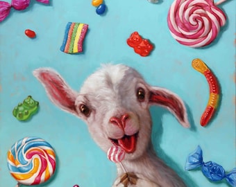 May include: A white baby goat with a pink nose and red mouth is holding a red and white lollipop. The goat is surrounded by colorful candies, including gummy bears, lollipops, and jelly beans.