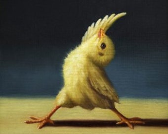 May include: A yellow baby chick doing yoga with its legs stretched out and its head bent back.