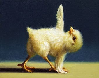 May include: A yellow chick with its wings spread out, walking on a yellow surface. The chick is looking up and has a fluffy appearance.