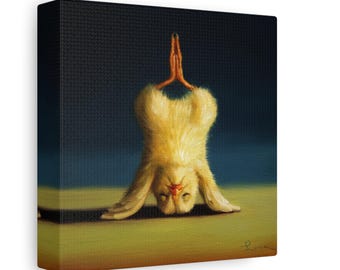 May include: A yellow baby chick is upside down, with its wings spread out, and its feet in the air. The chick is on a green surface, with a dark blue background.