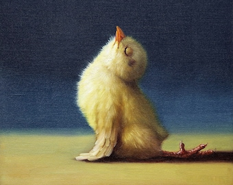 May include: A yellow baby chick with its eyes closed, sitting on a light brown surface with a dark blue background. The chick is looking up and its head is tilted back. The chick's legs are visible and are a reddish-brown color.
