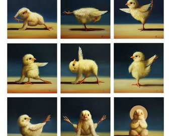 May include: Nine paintings of yellow chicks in various yoga poses, with the title "YOGA CHICKS" at the top and the artist's name "LUCIA HEFFERNAN" at the bottom.
