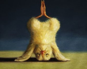 May include: A yellow chicklet is standing on its head with its wings outstretched. The chicklet has its eyes closed and appears to be meditating. The background is a dark blue.
