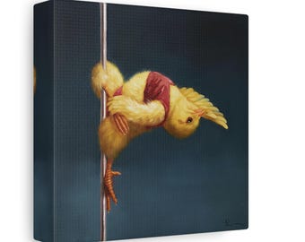 May include: A canvas print features a yellow chick wearing a red vest, hanging upside down on a silver pole. The chick is in a playful pose against a dark blue background. The artwork is a humorous take on a classic theme.