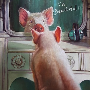 May include: A white piglet looks into a mirror with the words "I'm Beautiful!" written on the surface. The piglet is standing in front of a white vanity with a green surface.
