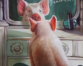 May include: A white piglet looks into a mirror with the words "I'm Beautiful!" written on the surface. The piglet is standing in front of a white vanity with a green surface.