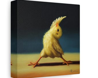 May include: A yellow chick with its head tilted back, standing on a light brown surface with a dark blue background. The chick is in a yoga pose with its legs stretched out and its wings spread.