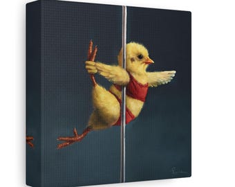 May include: A canvas print featuring a yellow chick in a red outfit, pole dancing on a silver pole. The chick is mid-air with its wings spread, set against a dark blue background. The artwork has a humorous and whimsical theme.