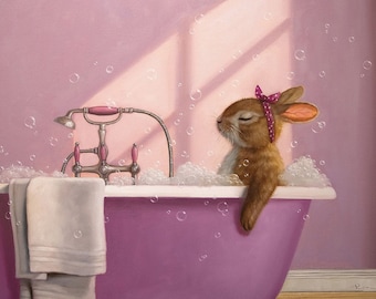May include: A pink bathtub with a white towel hanging on the side. A brown rabbit with a pink bow is taking a bath in the tub. The tub is filled with bubbles and there are bubbles floating in the air.