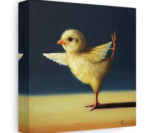 May include: A yellow baby chick with orange legs is doing yoga on a light brown surface. The chick is stretching its wings out to the sides and has one leg raised in the air.